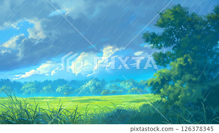 雨中草原景觀，動漫風格 126378345