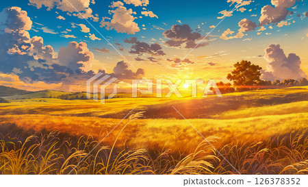Grassland landscape with the sun setting over the horizon, anime style 126378352
