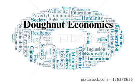 Doughnut Economics Word Cloud. Key Concepts for Sustainable Economic Frameworks Doughnut Economics Word Cloud. Key Concepts for Sustainable Economic Frameworks 126378636