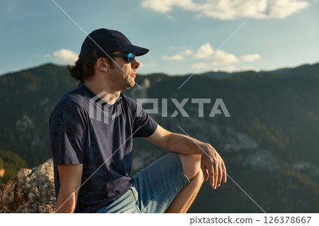 High mountain landscape view in the Dinaric Alps in Montenegro, Man enjoying view 126378667