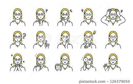 自由職業的年輕女性面部表情圖標集 126379050
