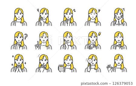 穿著西裝的年輕職業女性的面部表情圖標集 穿著西裝的年輕職業女性的面部表情圖標集 126379053