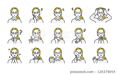 Facial expression icon set of a working fashionable young woman wearing glasses Facial expression icon set of a working fashionable young woman wearing glasses 126379054