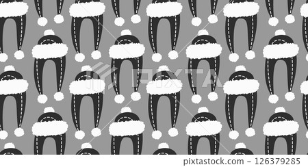 Freehand Winter Hat with fur decor Monochrome Seamless Pattern Ads leaflets product cards Background 126379285