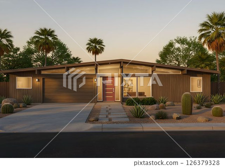 中世紀現代住宅和沙漠花園 1 人工智慧生成的圖像 126379328