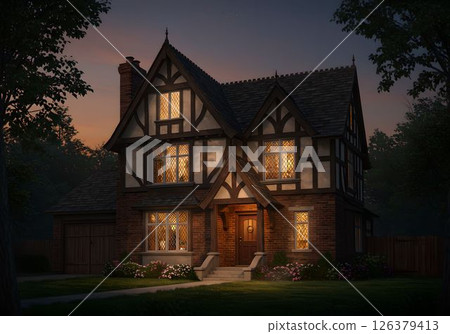 English Tudor house lit up at dusk 1 AI-generated image 126379413