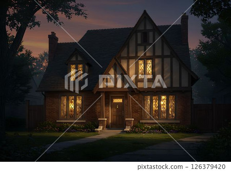 黃昏時分燈光璀璨的英國都鐸式房屋 8 幅 AI 生成的圖像 黃昏時分燈光璀璨的英國都鐸式房屋 8 幅 AI 生成的圖像 126379420