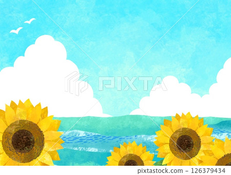 A vibrant landscape illustration with a summer blue sky, sea and sunflower field A vibrant landscape illustration with a summer blue sky, sea and sunflower field 126379434