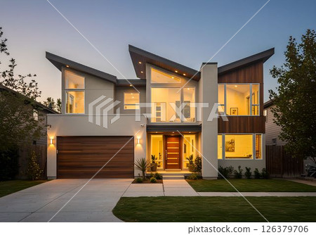 Modern design of a mansion at dusk 1 AI-generated image 126379706