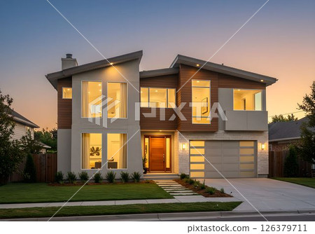 6 Modern design mansions at dusk: AI-generated images 126379711