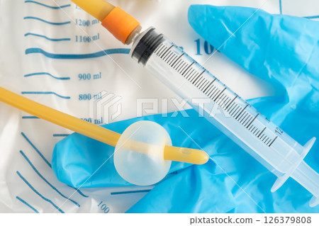 Foley catheter and urine drainage bag collect urine for disability or patient in hospital. 126379808