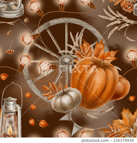 Seamless fall pattern of pumpkin festival attributes such as pumpkins, wooden wheel, vintage kerasin street lamp, garland of round retro lamps fall leaves, spikelets of wheat, physalis 126379939