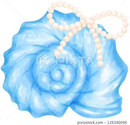 Blue Coquette Curl Conch Sea Shell with Pearl Bow watercolour 126380090