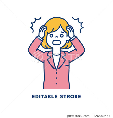 Vector illustration of a young female office worker holding her head in surprise_Line width can be edited Vector illustration of a young female office worker holding her head in surprise_Line width can be edited 126380355