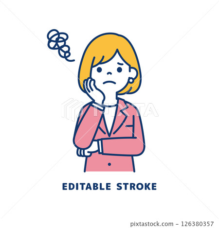 Vector illustration of a young female office worker who is worried with her hands on her face_Line width can be edited 126380357