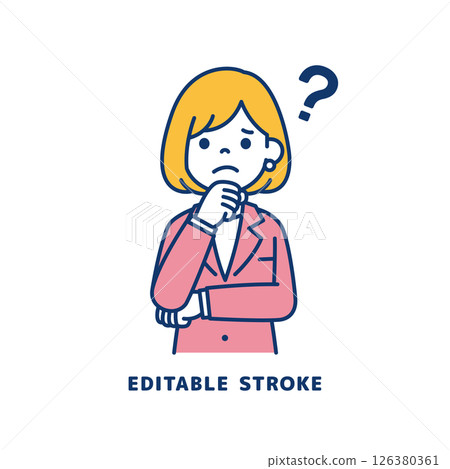 Vector illustration of a young female office worker who is worried with her hand on her chin_Line width can be edited Vector illustration of a young female office worker who is worried with her hand on her chin_Line width can be edited 126380361