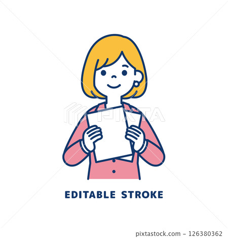 一位年輕女職員雙手拿著文件的向量插圖_線寬可編輯 126380362