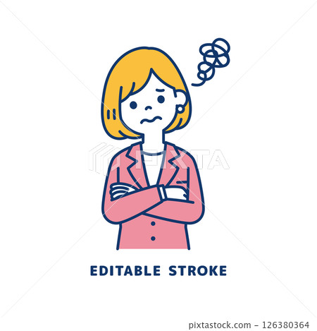 一位年輕女職員低頭困惑的向量插圖_線寬可以編輯 一位年輕女職員低頭困惑的向量插圖_線寬可以編輯 126380364