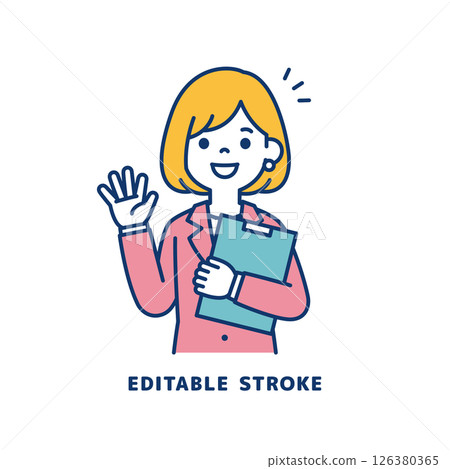 向量圖上一位年輕女職員揮手致意_線寬可以編輯 126380365