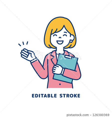 一位年輕女職員一手拿著文件解釋某事的向量插圖_線寬可以編輯 126380369
