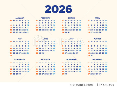 2026 calendar horizontal type 126380395