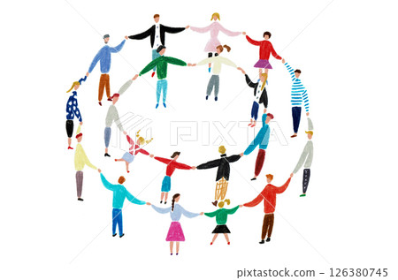 Hand-drawn illustration: People holding hands in a circle 126380745
