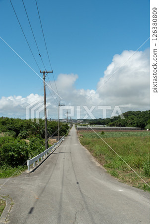 天氣好的時候，一條筆直的鄉村公路，路上有電線的陰影 126380809
