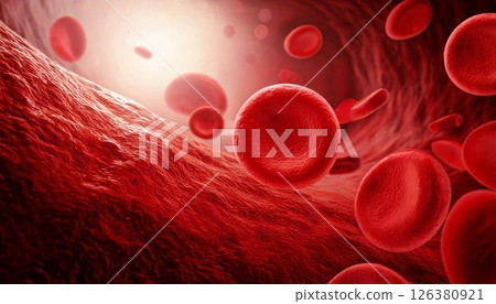 3D illustration of red blood cells moving inside blood vessels in the body Medical material 126380921