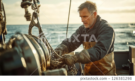 Fisherman at work on boat deck, focused marine work with heavy equipment. Work 126381298