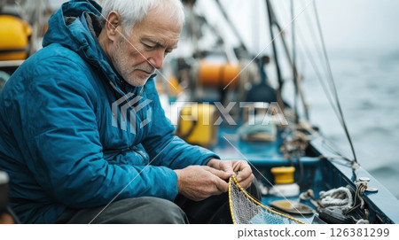 Elderly fisherman's dedicated labor mending net, sea labor essential, craft labor 126381299