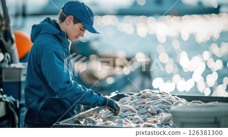 Young fisherman sorts fresh catch on boat, daily catch for seafood market. Good catch 126381300