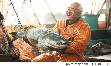 Happy fisherman proudly shows big catch, successful day at sea, joyful catch Happy fisherman proudly shows big catch, successful day at sea, joyful catch 126381301