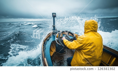 Man in boat braves stormy sea, adventure against powerful waves, wild sea. Stormy Man in boat braves stormy sea, adventure against powerful waves, wild sea. Stormy 126381302