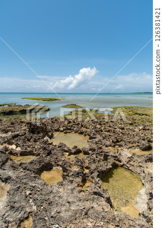清澈的地平線、翠綠的淺海和帶有潮汐池的崎嶇岩石海岸。 126381421