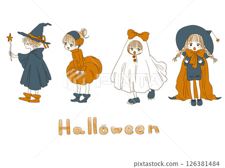萬聖節服裝的復古女孩（透明背景） 126381484