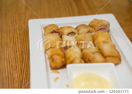 Fried spring roll served on plate, Thai food. 126381571