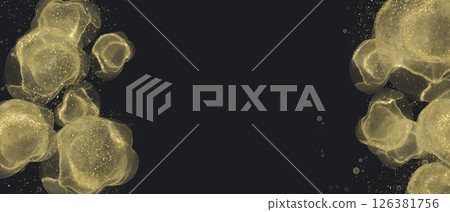 秋冬季的深色抽像水平橫幅。黑色背景左右兩側的金色圓形酒精墨水藝術 126381756