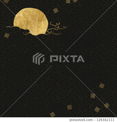 方形日式深色模板。在黑色日式圖案背景上用金色墨水繪製的月亮和雲彩。秋季賞月概念 方形日式深色模板。在黑色日式圖案背景上用金色墨水繪製的月亮和雲彩。秋季賞月概念 126382111