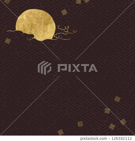 Square Japanese style dark template. Moon and clouds in golden ink on brown Japanese pattern background. Autumn moon viewing concept 126382112