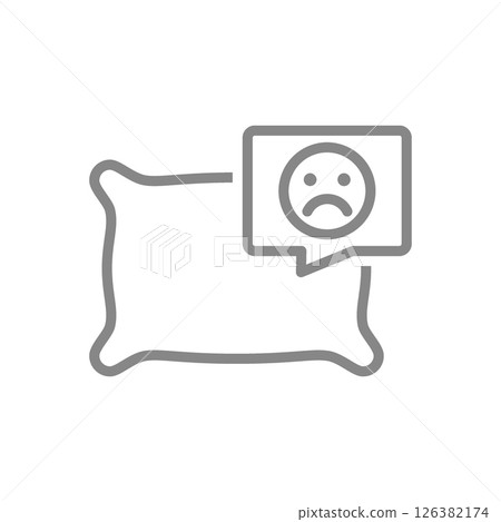 Pillow with sad face in speech bubble line icon. Comfortable pillow for sleep symbol. Vector illustration. 126382174