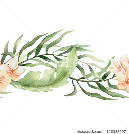 Palm branches and plumeria flowers seamless border, watercolor. Hand drawn vector illustration. For tropical banners, fabric, wrapping paper, wallpaper, covers, textiles. Palm branches and plumeria flowers seamless border, watercolor. Hand drawn vector illustration. For tropical banners, fabric, wrapping paper, wallpaper, covers, textiles. 126382297