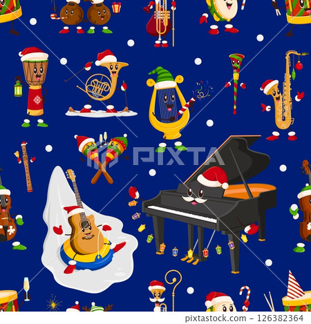 Christmas musical instrument characters seamless pattern. Cartoon Vector festive background with funny winter holiday personages with Santa hats. Cute piano, guitar, trumpet, saxophone lyre or maracas 126382364