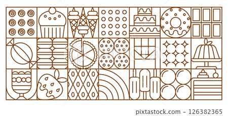 Abstract dessert and chocolate geometric pattern. Vector modular tile background with sweet cupcake, donut, ice cream, cookie, cake and fruit. Linear layout of pastry and candy icons in square outline 126382365