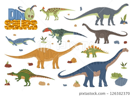 Cartoon dinosaur and dino animals characters with prehistoric jungle plants and jurassic volcano rocks. Vector cute giant aragosaurus, aegyptosaurus and amygdalodon dinosaurs and baby dino in egg Cartoon dinosaur and dino animals characters with prehistoric jungle plants and jurassic volcano rocks. Vector cute giant aragosaurus, aegyptosaurus and amygdalodon dinosaurs and baby dino in egg 126382370