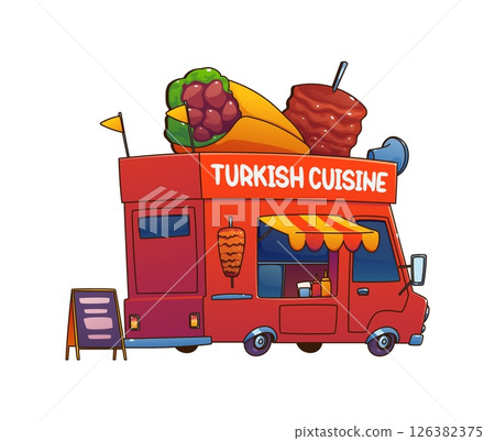 Turkish food truck car, cartoon festival street foodtruck van with a large kebab, wrap, and skewers on top. Vector international cuisine vendor mobile with a takeaway window, menu board and awning 126382375