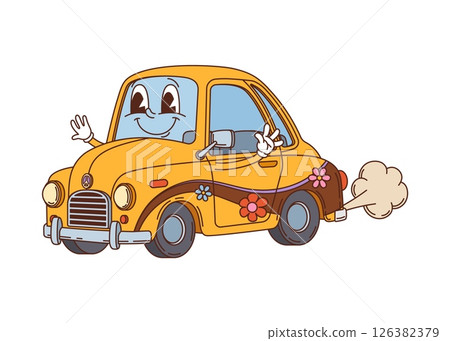 Retro cartoon groovy kids toy character of car with funny face, vector comic personage. Groovy car toy with daisy flowers, hippie sign and happy smile for kids toy character in retro cartoon art Retro cartoon groovy kids toy character of car with funny face, vector comic personage. Groovy car toy with daisy flowers, hippie sign and happy smile for kids toy character in retro cartoon art 126382379