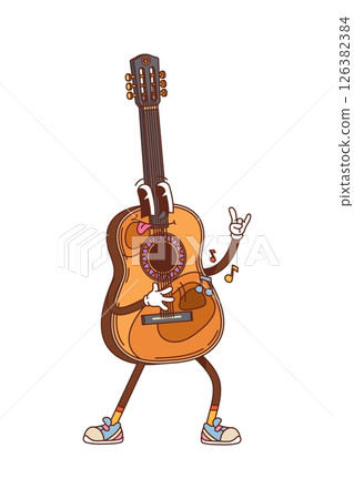 Cartoon groovy guitar musical character. Isolated vector funky retro guitarron personage with musical notes, playing on itself and whistling with a cool 70s laid back funky vibe and quirky expression 126382384