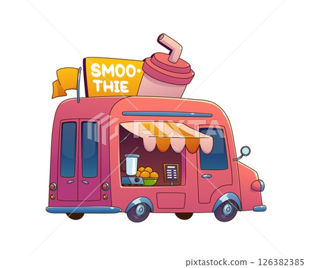 Cartoon smoothie food truck car, festival street foodtruck van with a pink exterior, a large smoothie cup on top, orange striped awning and serving window displaying fresh fruits, menu and a blender 126382385