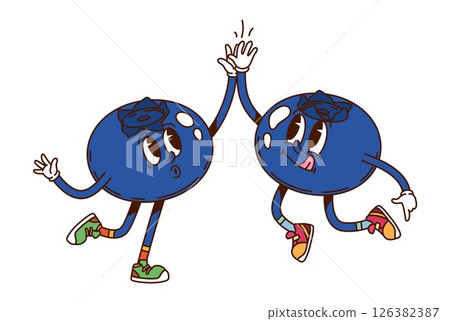 Cartoon groovy hippie blueberry berry fruit characters giving high five. Isolated vector cheerful bilberry retro personages wears vintage sneakers, showcasing funky vibes and exuding a sense of summer 126382387