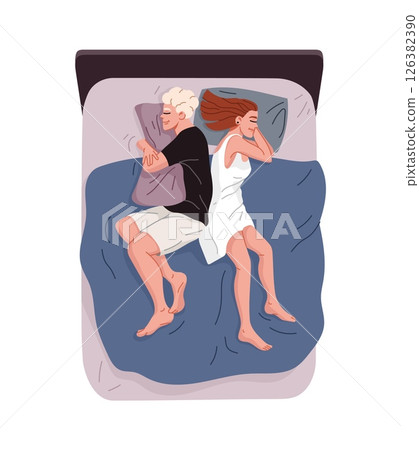 Couple sleeping back to back in bed, top down view. Cartoon flat vector scene exudes peaceful atmosphere with relaxed body language showing comfort, routine, and intimacy in shared sleep space 126382390